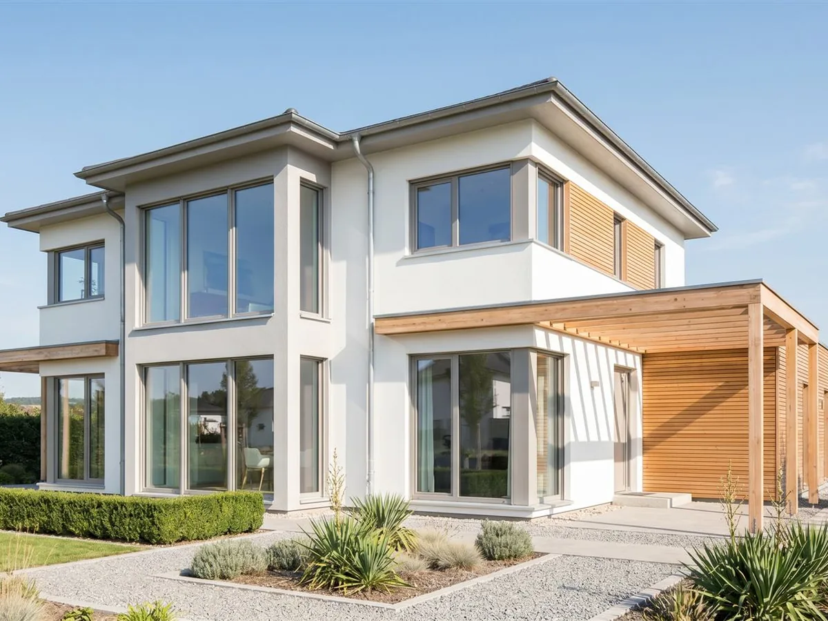 Modernes Einfamilienhaus mit gepflegtem Garten bei Sonnenschein